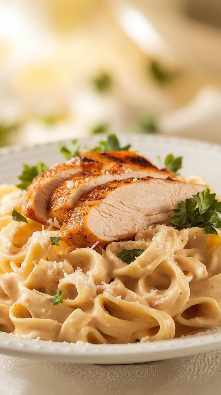 A plate of creamy Chicken Alfredo pasta with sliced chicken and parsley on top.