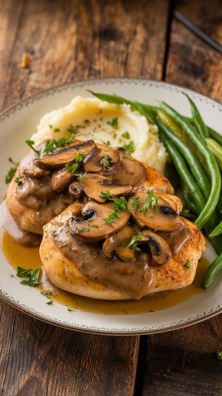 Plate of Chicken Marsala with mushroom sauce and parsley, served with mashed potatoes and green beans.