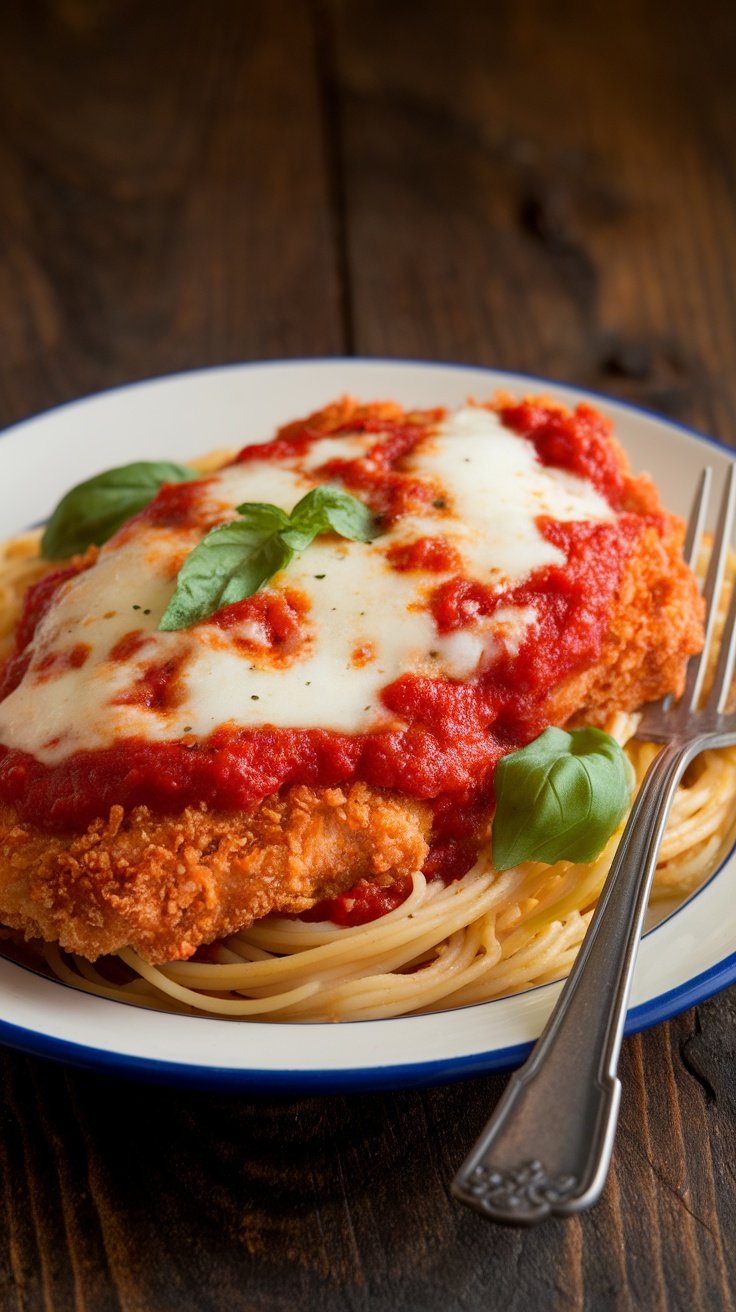 Crispy chicken Parmesan on a plate with marinara sauce and melted cheese, garnished with basil and served over spaghetti.