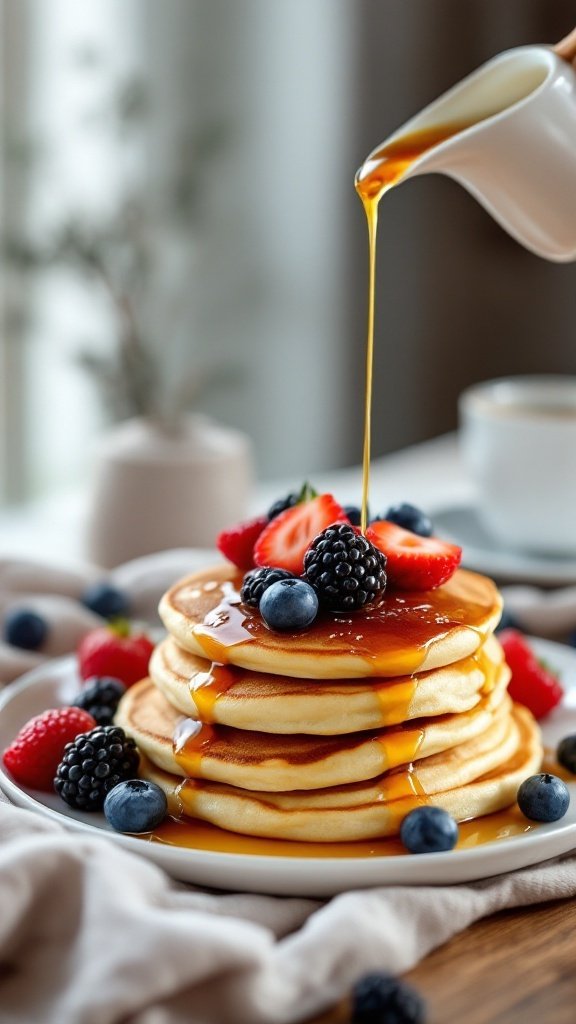 A stack of almond flour pancakes topped with fresh berries and syrup.