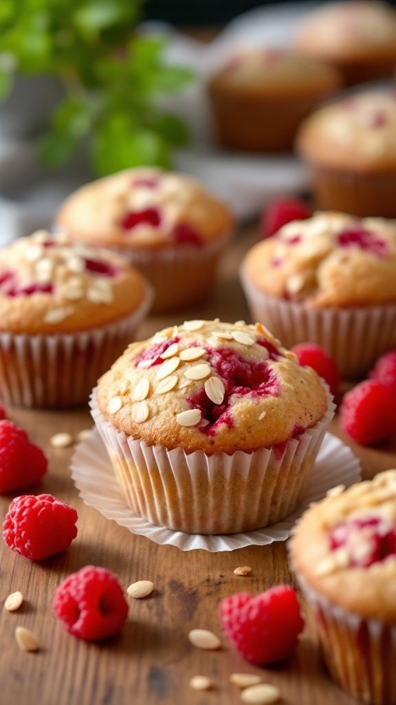 Delicious almond flour raspberry muffins with fresh raspberries and sliced almonds on top.