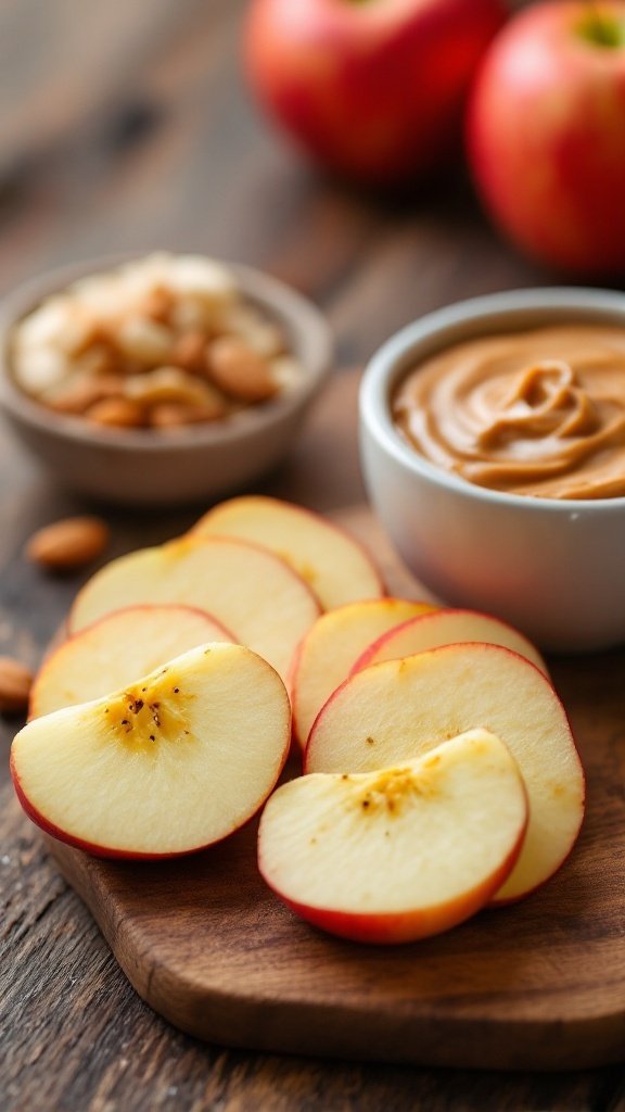 Apple slices served with almond butter on a wooden board
