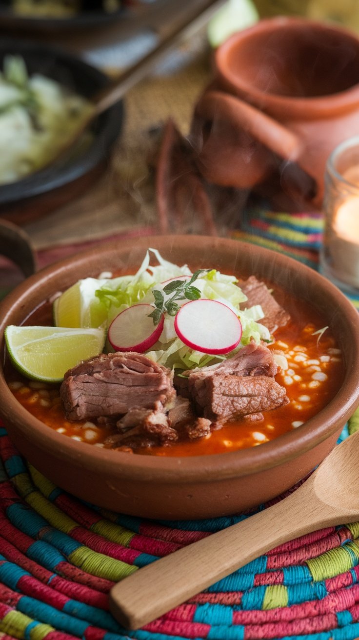 A bowl of authentic Mexican pozole topped with lettuce, radishes, and lime wedges.