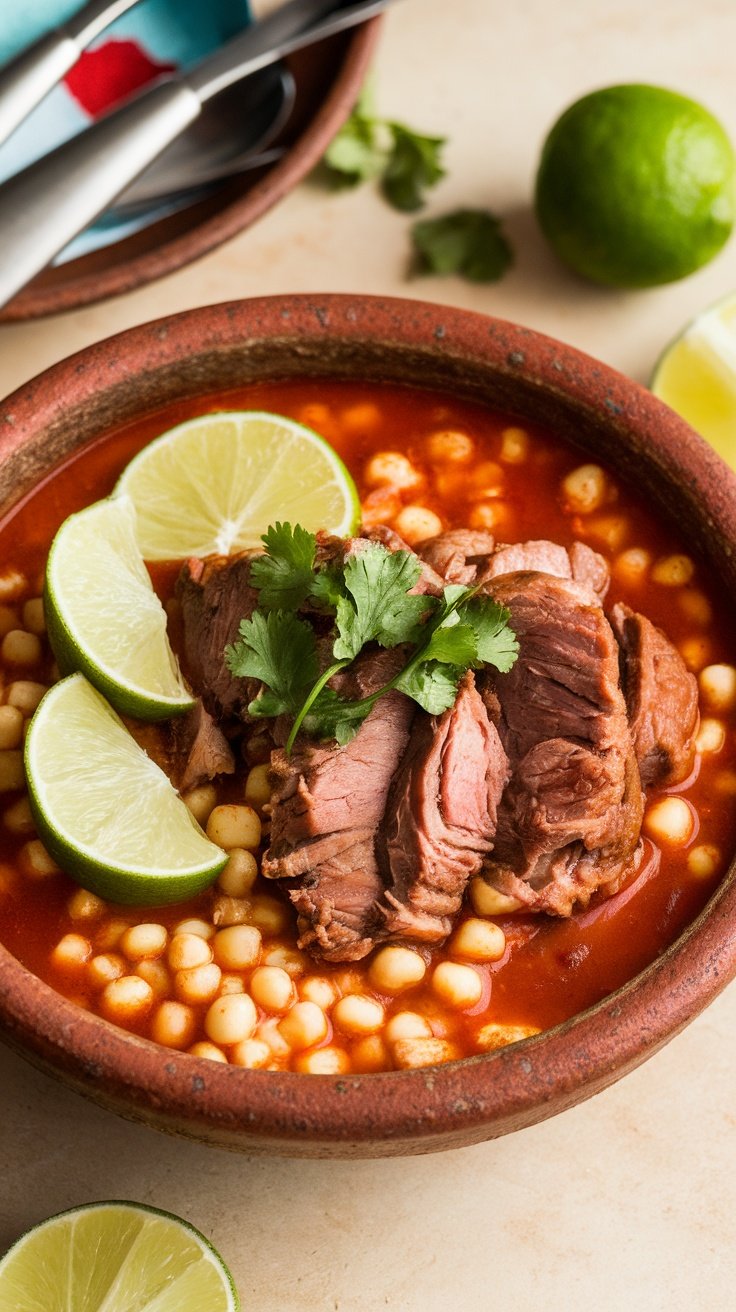 A bowl of authentic New Mexico posole topped with meat, lime, and cilantro