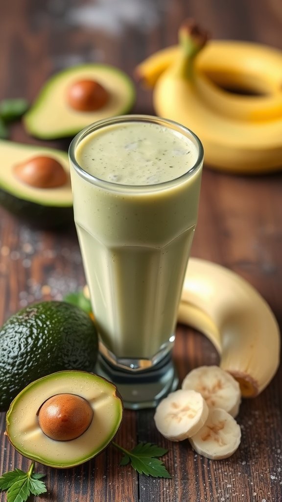 A green smoothie made from avocado and banana served in a glass, surrounded by fresh ingredients.