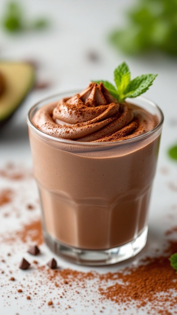 Creamy avocado chocolate mousse topped with chocolate shavings and mint leaves