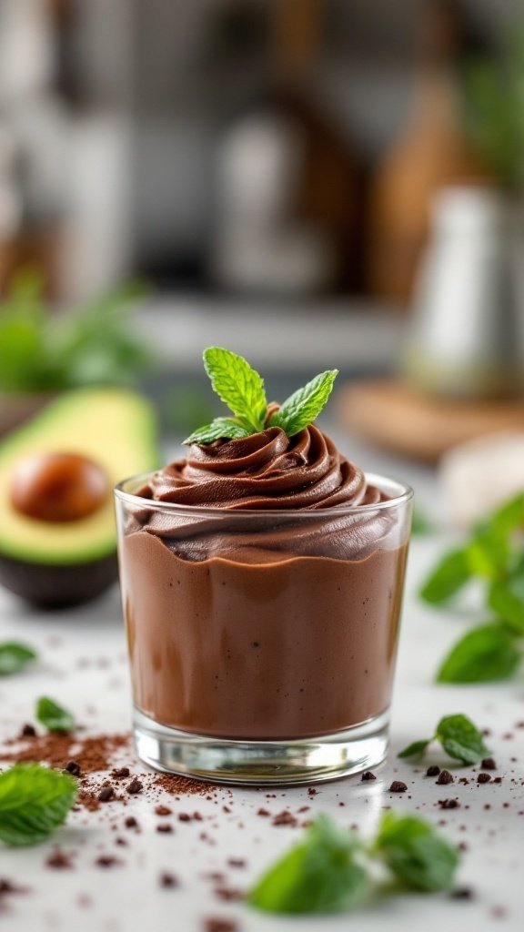 A creamy chocolate mousse topped with mint leaves, served in a glass.