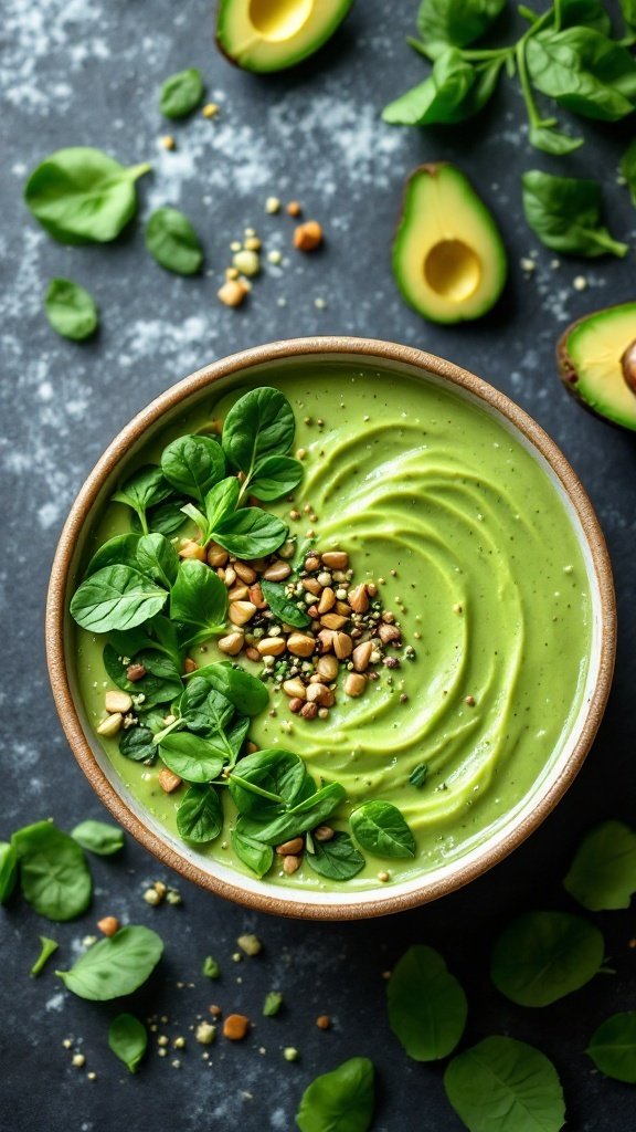 A creamy green smoothie bowl topped with spinach and seeds.