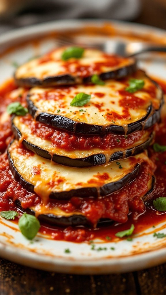 A plate of layers of baked eggplant parmesan with marinara sauce and melted cheese