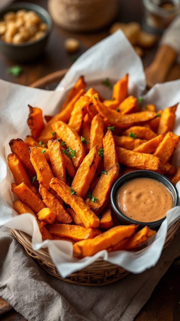A basket of golden-brown baked sweet potato fries with dipping sauce.