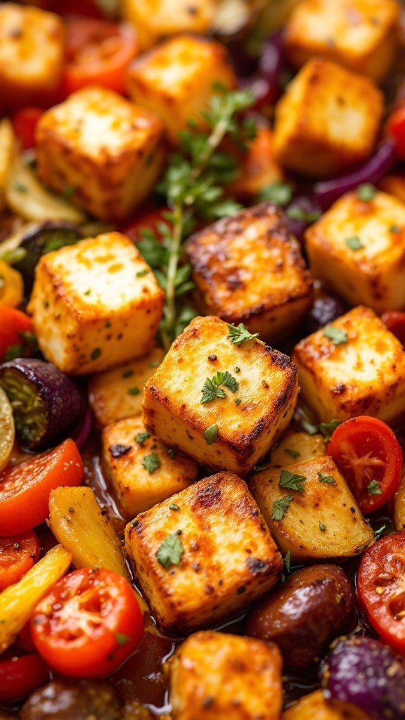 Baked tofu cubes with assorted roasted vegetables