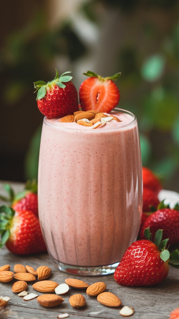 Batido de almendras y fresas en un vaso con fresas y almendras alrededor.