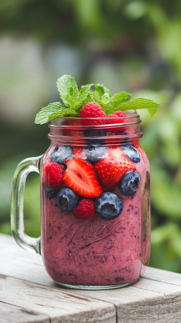 Batido de bayas antioxidantes en tarro de vidrio con fresas, arándanos y frambuesas