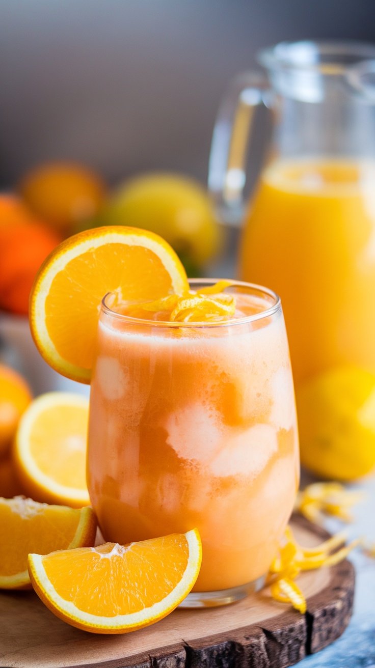 Batido de frutas cítricas en un vaso con rodajas de naranja