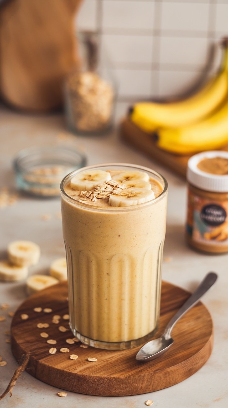 Un delicioso batido de plátano y avena servido en un vaso, decorado con rodajas de plátano y avena.