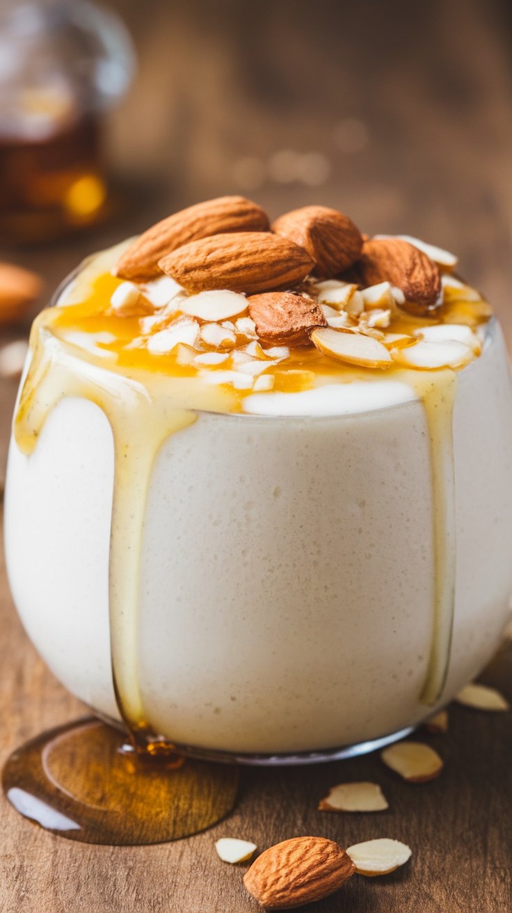 Batido de yogur griego y miel en un vaso, decorado con almendras