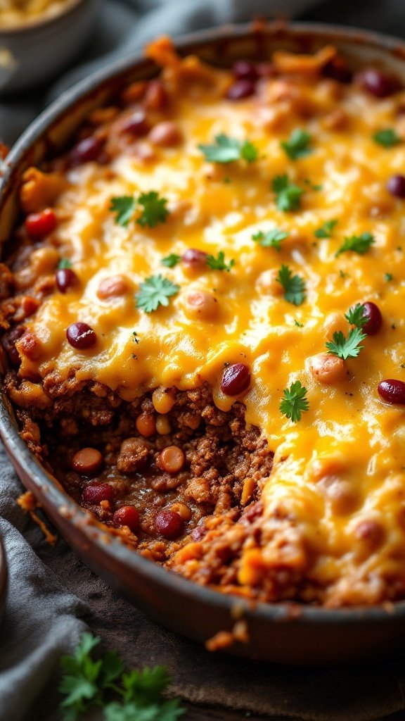 A delicious BBQ Beef and Bean Bake casserole topped with melted cheese and garnished with fresh herbs.