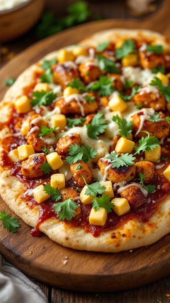 BBQ Chicken Flatbread with cheese, chicken, and cilantro