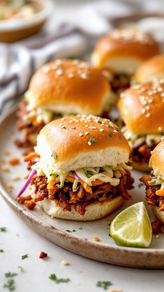 BBQ pulled pork sliders on a plate, garnished with herbs