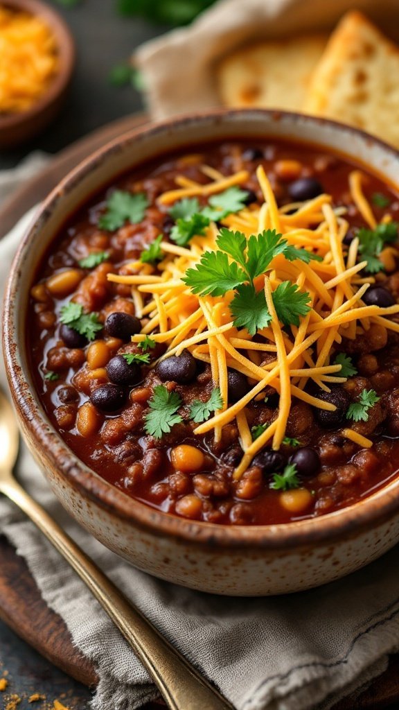 A bowl of beef and black bean chili topped with cheese and cilantro.