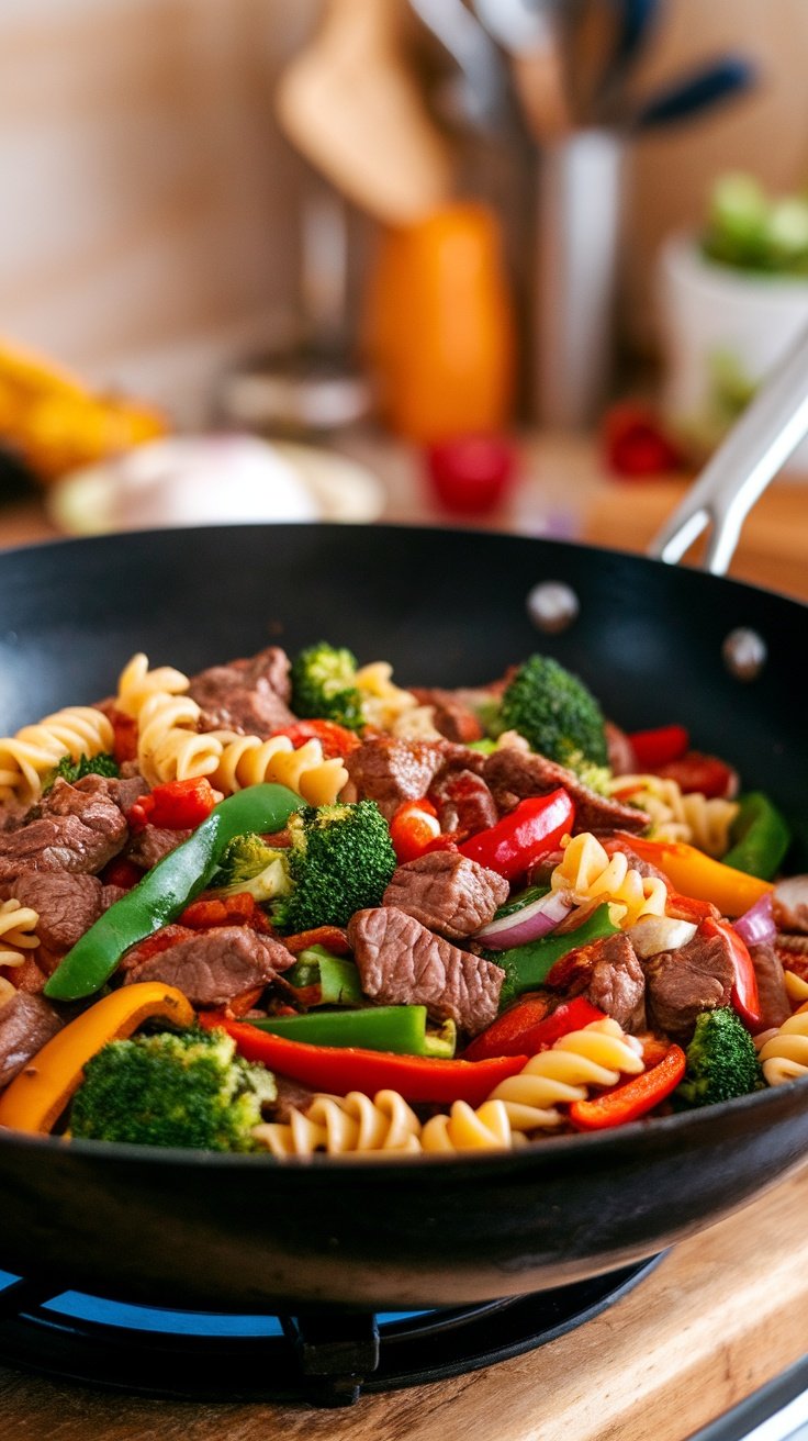 A skillet with beef, broccoli, pasta, and colorful peppers sautéing together.