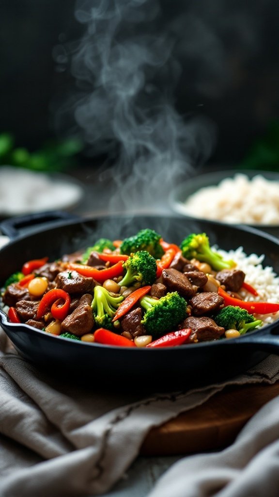 A delicious beef and broccoli stir-fry served in a skillet
