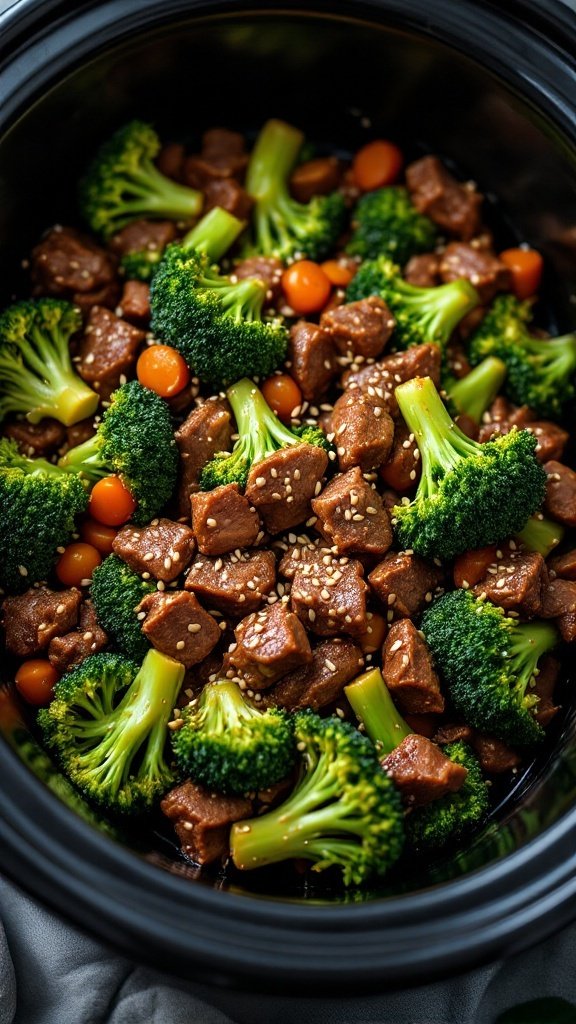 A colorful beef and broccoli stir fry with bright vegetables