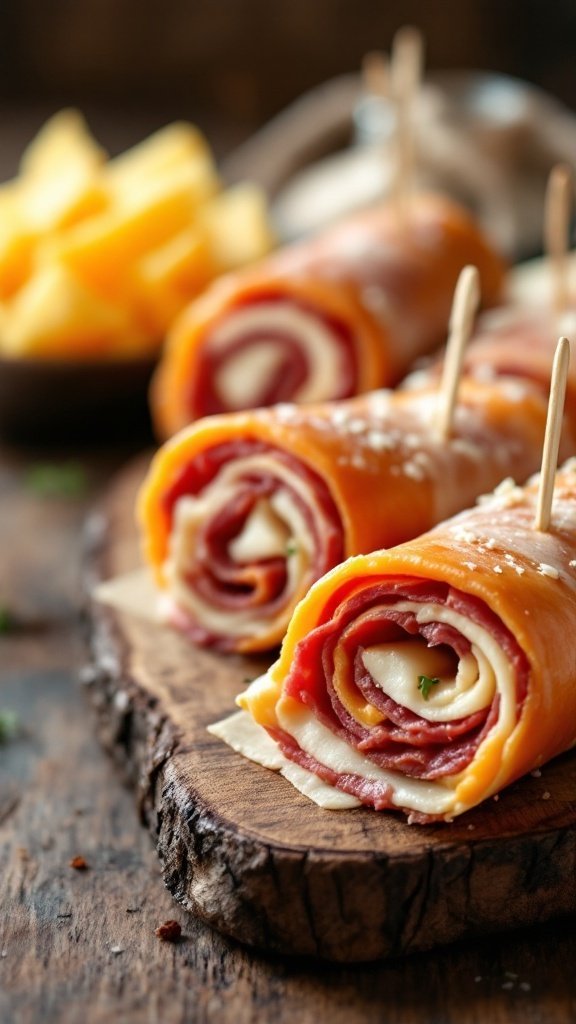 Beef and cheese roll-ups on a wooden board