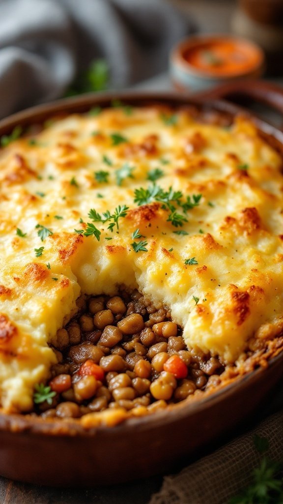 A delicious serving of beef and potato shepherd's pie, featuring a golden potato topping with a savory beef filling.