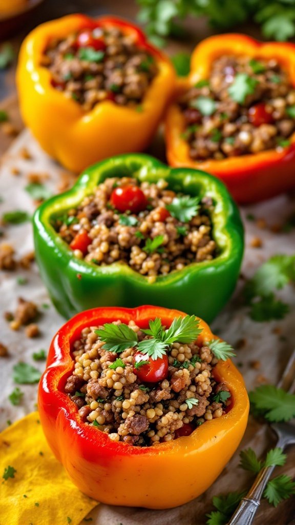 Colorful bell peppers filled with a savory mixture of beef, quinoa, and spices.