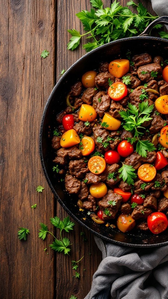 A hearty beef and vegetable skillet with herbs