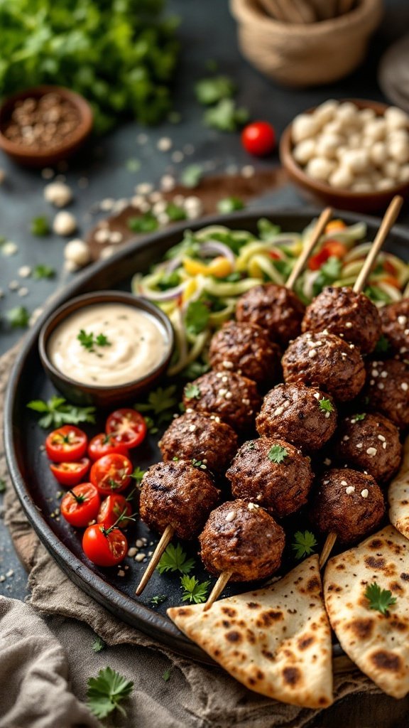 Beef Kofta Kebabs served with tahini sauce and fresh vegetables