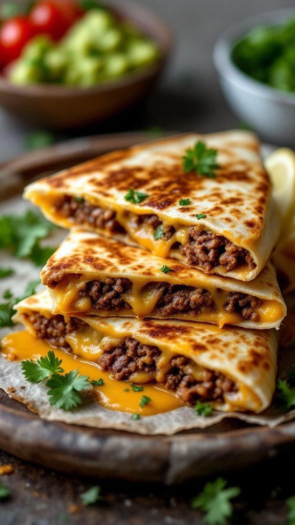 Delicious beef quesadillas with melted cheese, garnished with cilantro