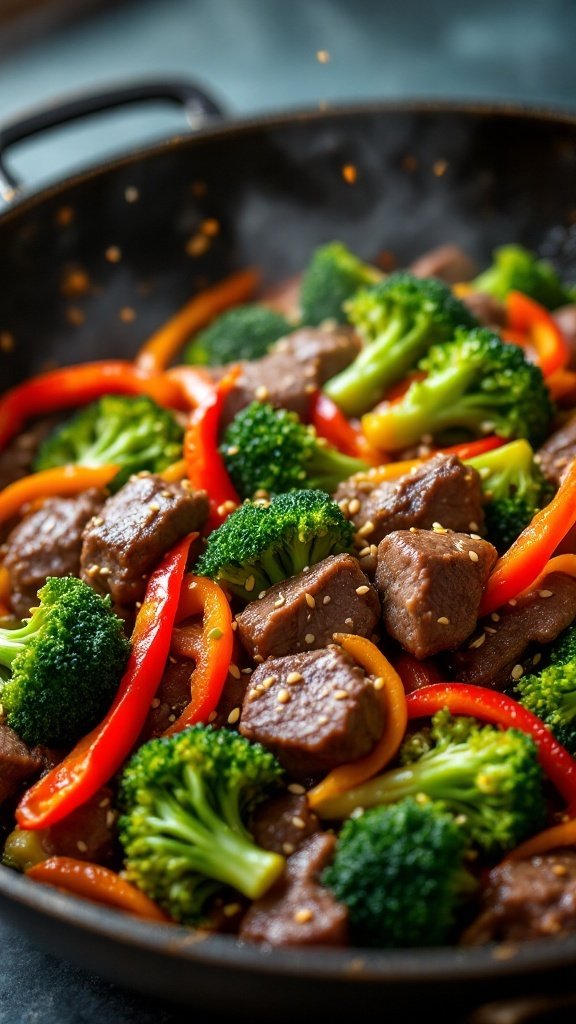 A vibrant beef stir-fry with broccoli and bell peppers