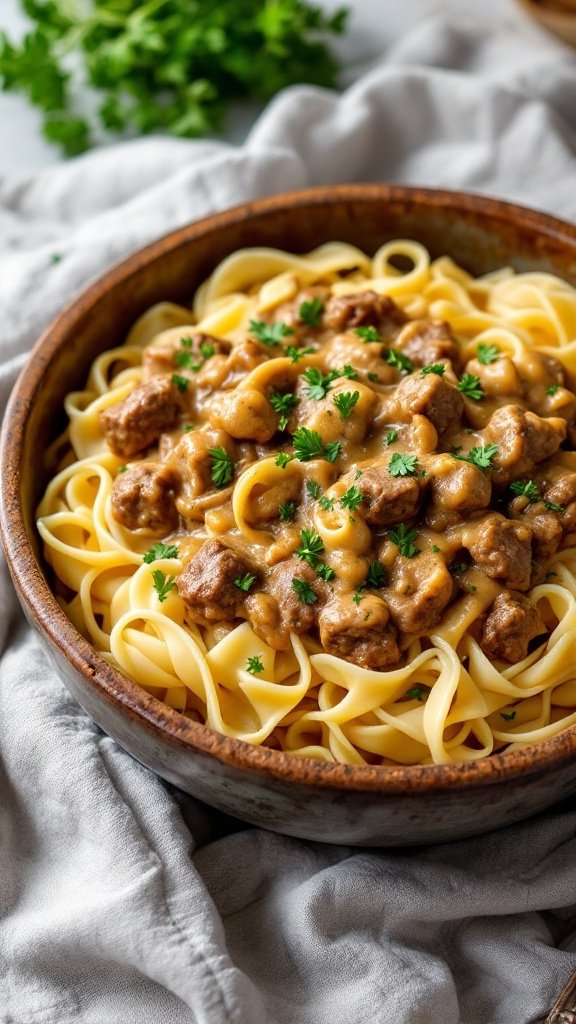 A bowl of Beef Stroganoff with noodles topped with fresh parsley.