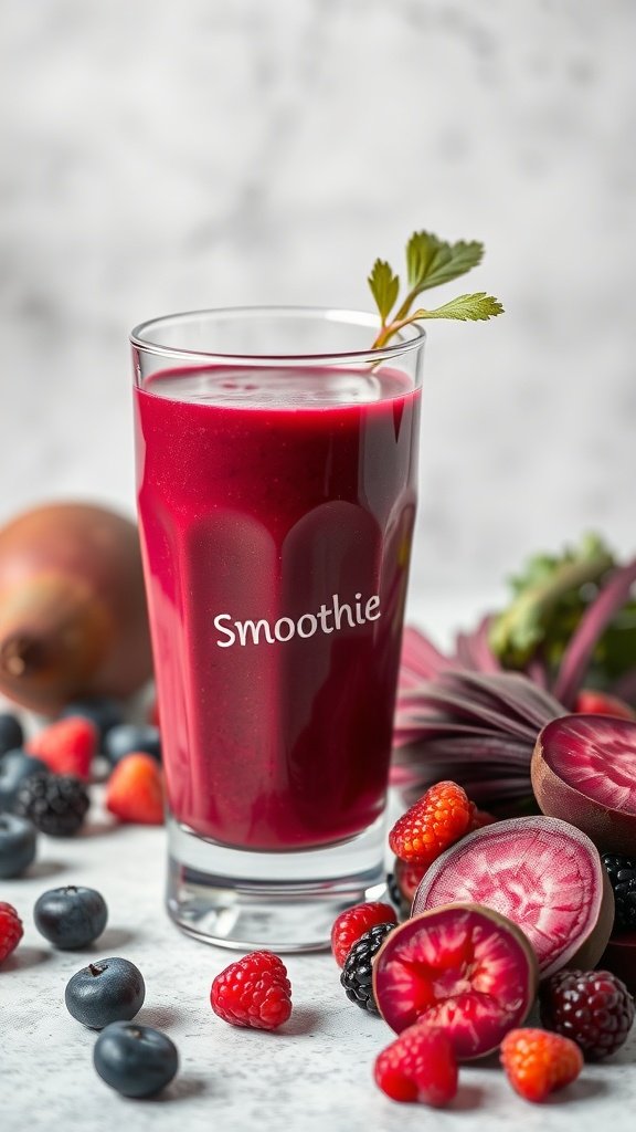A vibrant Beet and Berry Energy Smoothie in a glass with fresh berries and beetroot around it.