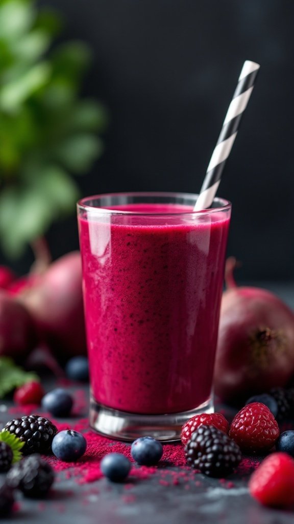 A vibrant beetroot and berry smoothie in a glass with a striped straw