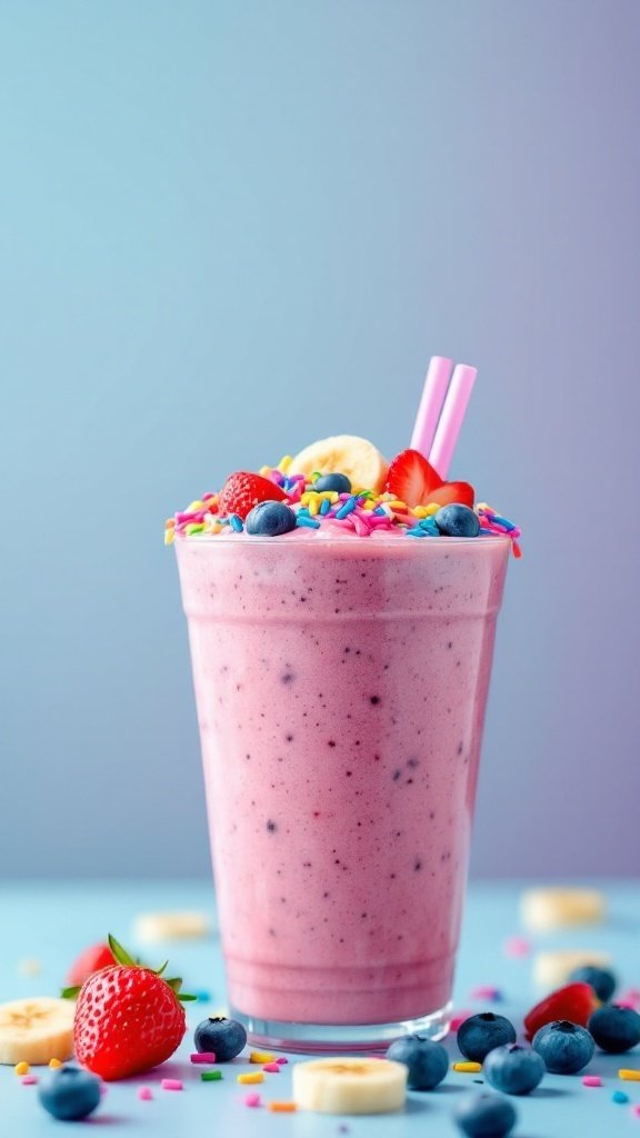 A vibrant pink smoothie topped with fresh fruits and sprinkles.