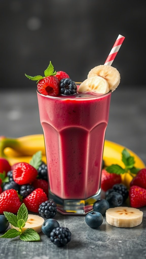 A vibrant Berry Banana Protein Blast smoothie in a glass, garnished with fresh berries and banana slices.