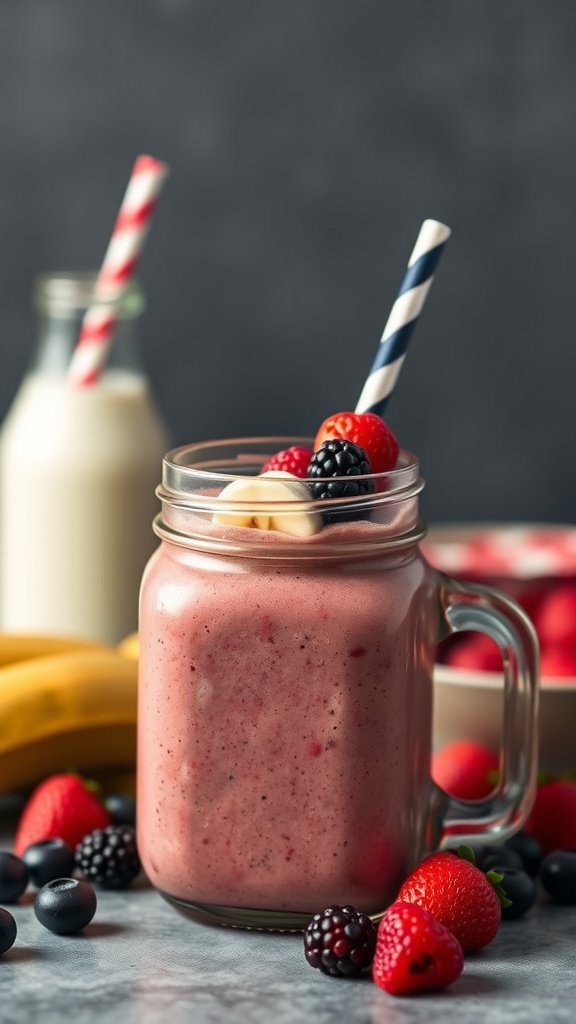 A refreshing Berry Banana Protein Smoothie in a mason jar topped with fresh berries and a banana slice.