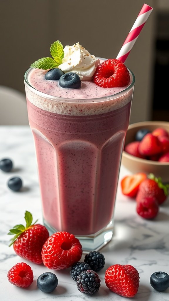 A vibrant Berry Blast Protein Smoothie topped with berries and mint