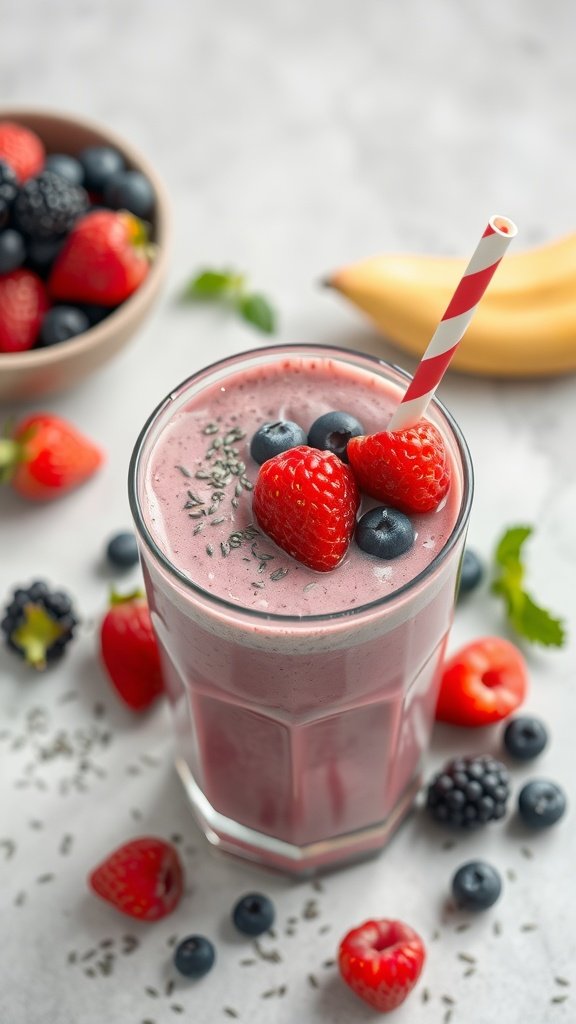 Berry Chia Seed Super Smoothie served in a glass with fresh berries