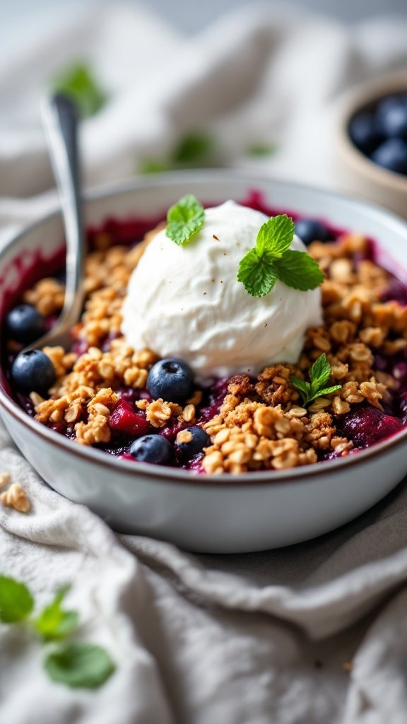 A bowl of berry oat crumble topped with a dollop of cream and mint leaves