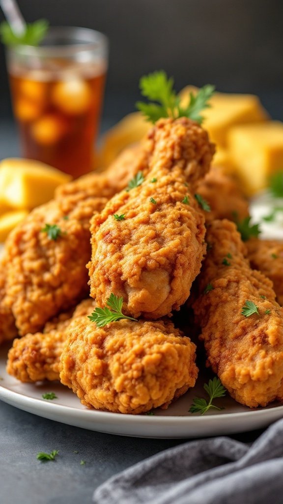 Plate of crispy Southern fried chicken with garnishes