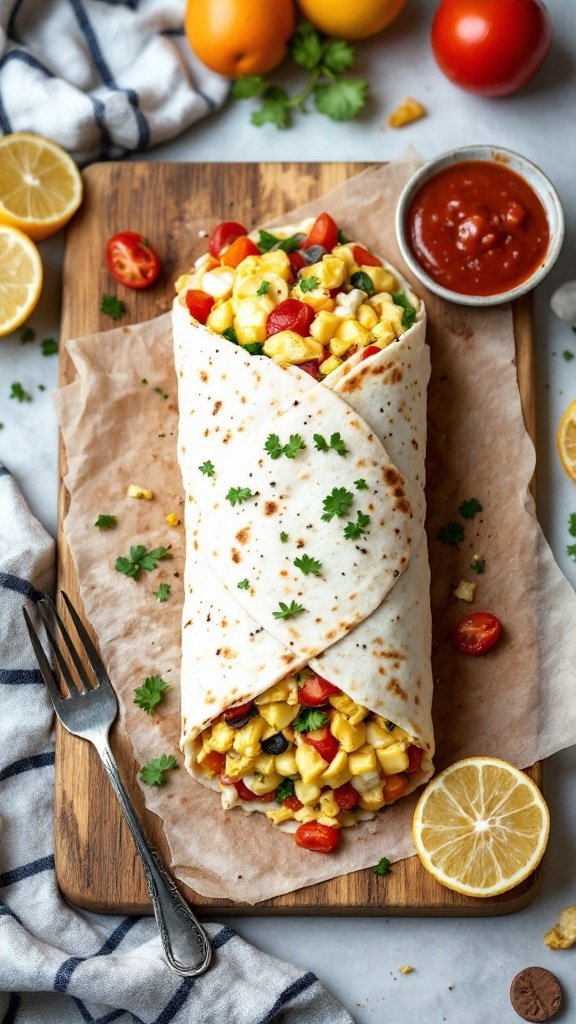 A delicious breakfast burrito filled with scrambled eggs, corn, and colorful vegetables.
