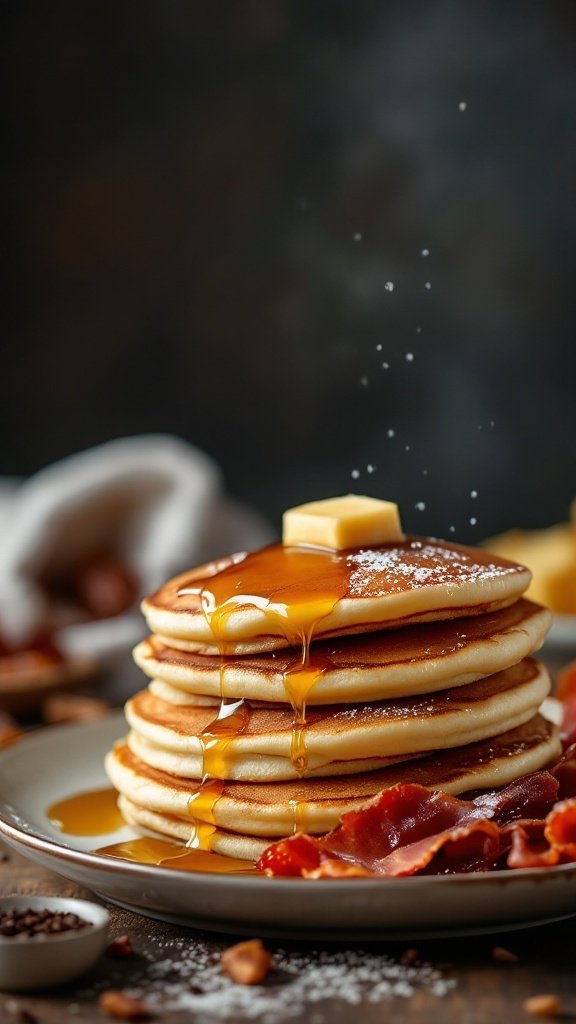 A stack of fluffy pancakes with syrup and a side of crispy bacon