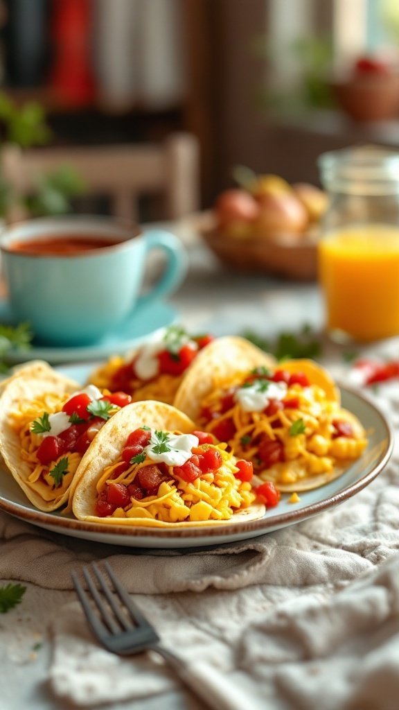 A plate of breakfast tacos filled with scrambled eggs, cheese, salsa, and cilantro