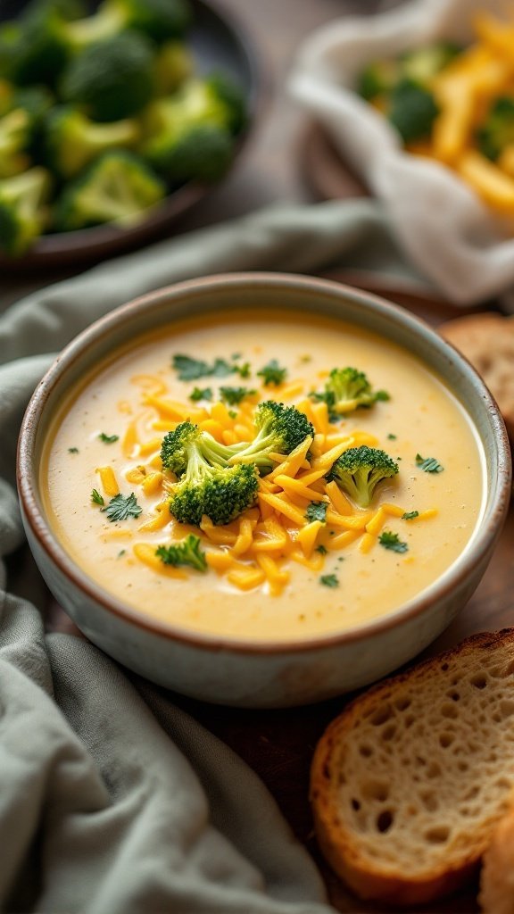 A bowl of broccoli cheddar soup topped with shredded cheese and broccoli florets.