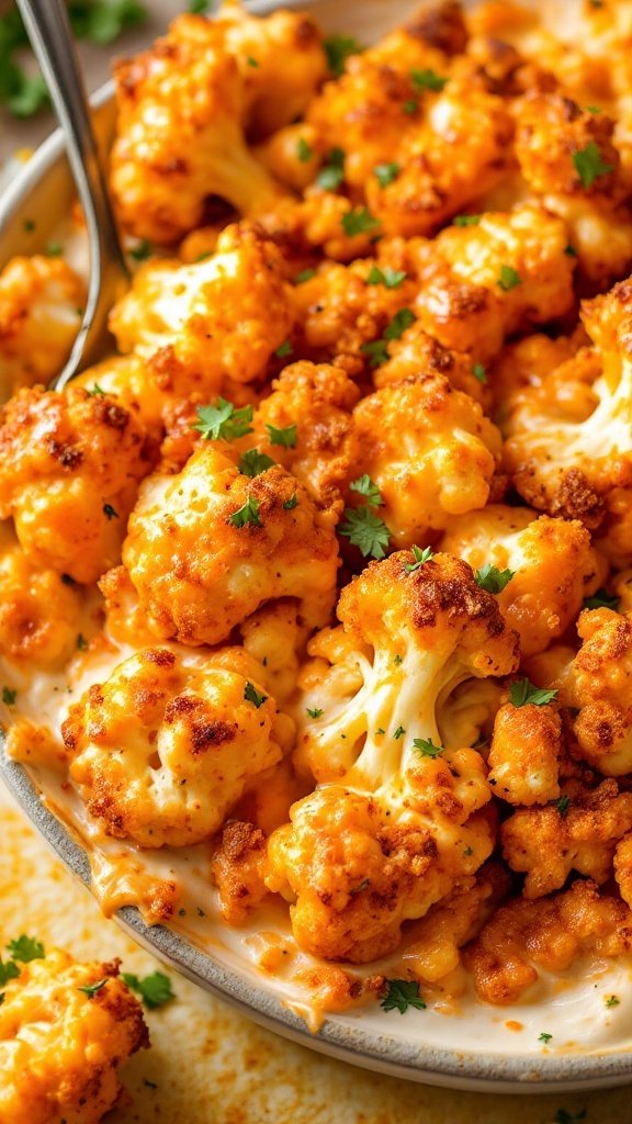 Buffalo Cauliflower Casserole with a cheesy and spicy topping