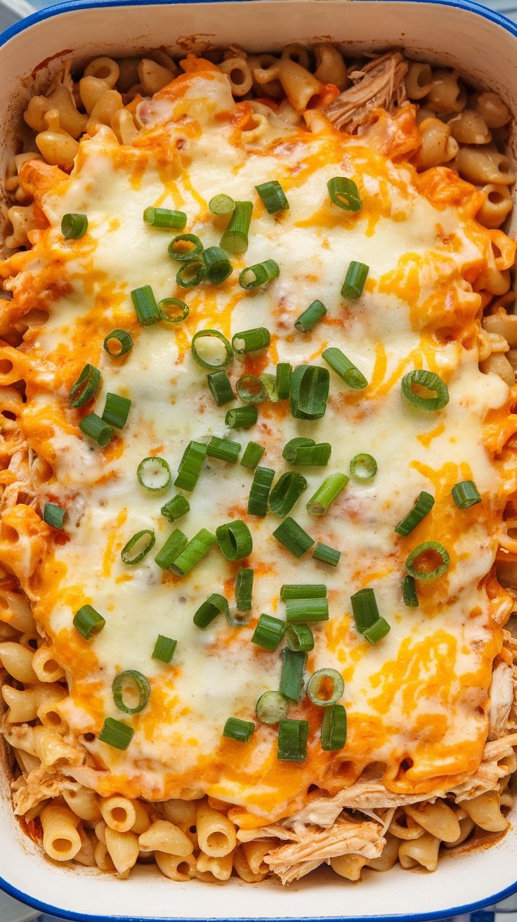 Buffalo chicken pasta bake topped with green onions